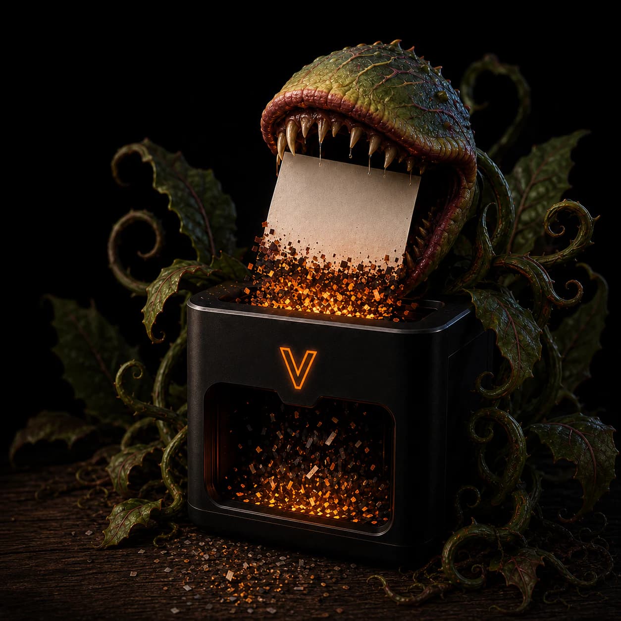 A carnivorous plant feeding a paper credential into a glowing VanishKey shredder